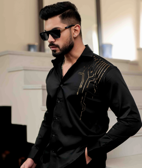 Black Club Wear Satin Cotton Party Shirt