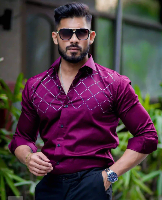 Starry Beaded Wine Berry Premium Cotton Shirt