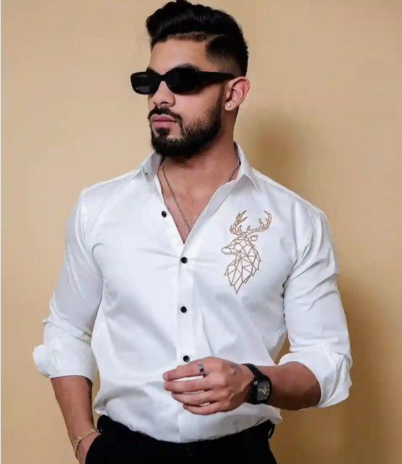 Deer Embroidered White Luxury Cotton Shirt